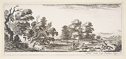 Plate 5: two horsemen in a stream to right, riding towards the left, following four dogs chasing a stag, another dog running into the water from the left, from 'Various landscapes' (Divers paysages), Stefano della Bella  Italian, Etching; second state of two