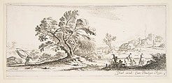 Plate 6: a fisherman carrying a net to left, two horsemen in a stream to right, a tree in center, a castle in ruins to right in the background, from 'Various landscapes' (Divers paysages), Stefano della Bella  Italian, Etching; second state of two