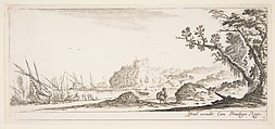 Plate 7: various boats on shore to left, a man carrying a bag, seen from behind and walking towards the background, a fortress in center background, a tree to the right, from 'Various landscapes' (Divers paysages), Stefano della Bella  Italian, Etching; second state of two