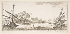 Plate 8: A the bow of a galley at left and another galley at right, seen from behind, two rowboats in center, a hill with a fortress in the background, from 'Various landscapes' (Divers paysages), Stefano della Bella  Italian, Etching; second state of two
