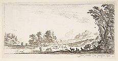 Plate 11: shepherdess seated to the right under a tree, watching her flock to the left, mountains to right in the background, from 'Various landscapes' (Divers paysages), Stefano della Bella  Italian, Etching; second state of two