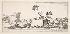 Plate 12: a seated draughtsman to left, a standing shepherd next to him to right, ruins and animals to the right, a tower in ruins to left in the background, from 'Various landscapes' (Divers paysages), Stefano della Bella  Italian, Etching; second state of two