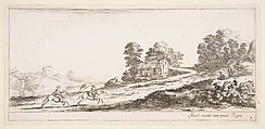 Plate 9: two horsemen at left galloping uphill towards the right, a horse and seated man to right, from 'Various landscapes' (Divers paysages), Stefano della Bella  Italian, Etching; second state of two