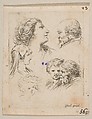 Plate 9: five heads, two young women at left, a bearded man at upper right, a young woman and a bearded man at bottom right, from 'The Book for Learning to Draw' (Livre pour apprendre à dessiner), Stefano della Bella  Italian, Etching