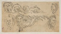 Plate 4: five grotesque heads, from "Friezes, foliage, and grotesques" (Frises, feuillages et grotesques), Stefano della Bella Italian, Etching