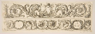 Two Acanthus Friezes: Cupid Subduing Two Lions; Heads of Four Seasons, plate 14 from "Decorative friezes and foliage" (Ornamenti di fregi e fogliami), Stefano della Bella Italian, Etching; fourth state of five