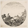 A woman carrying a child on a horse at left, a camel following her, a herd of goats, sheep, and a shepherd in front of her at right, plate 5 from "Roman landscapes and ruins" (Paysages et ruines de Rome), Stefano della Bella  Italian, Etching; fourth state of nine (Talbierska)