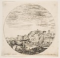 A shepherd sleeping on the ground at right, three horses at left, other horses and various figures to right, the Baths of Diocletian in the background, plate 12 from "Roman landscapes and ruins" (Paysages et ruines de Rome), Stefano della Bella  Italian, Etching; fourth state of nine (Talbierska)