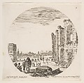 The Arch of Constantine at left, part of the Colosseum at right, various horses and figures in foreground and background, plate 9 from "Roman landscapes and ruins" (Paysages et ruines de Rome), Stefano della Bella  Italian, Etching; fourth state of nine (Talbierska)