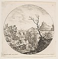 A triple waterfall, a dead tree at right, a mountain and a herd of cows in the background at right, plate 7 from "Roman landscapes and ruins" (Paysages et ruines de Rome), Stefano della Bella  Italian, Etching; fourth state of nine (Talbierska)