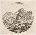 A horse lying down at center, a cow and two goats at right, two seated shepherds to left, a waterfall and a mountain at left in the background, plate 10 from "Roman landscapes and ruins" (Paysages et ruines de Rome), Stefano della Bella  Italian, Etching; fourth state of nine (Talbierska)