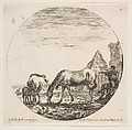 The pyramid of Caius Cestius at right in the background, a horse grazing at center, a foal suckling a mare at left, two shepherds at right, plate 11 from "Roman landscapes and ruins" (Paysages et ruines de Rome), Stefano della Bella  Italian, Etching; fourth state of nine (Talbierska)