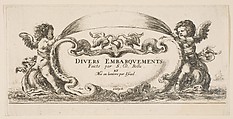 Frontispiece: cartouche at center, putti on either side riding on dolphins, from 'Various Embarkations' (Divers embarquements), Stefano della Bella Italian, Etching; second state of two