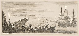 Plate 7: merchandise loaded onto a boat, two galleys in the background to right, from 'Various Embarkations' (Divers embarquements), Stefano della Bella  Italian, Etching
