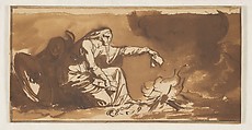 An Old Woman Burning Papers, Nicolai Abraham Abildgaard Danish, Pen and brown ink, brush and brown wash, over black chalk or graphite