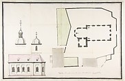 Design for the Parish Church of Merkershausen, Balthasar Neumann  German, Pen and black ink, brush and grey wash, watercolour, over graphite; framing lines in pen and black ink, and brush and grey and black wash, by the artist