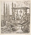The Medici vase, a large vase to right decorated with a representation of the sacrifice of Iphigenia, on a garden terrace, a teenage boy seated to left with a pen and paper with a drawing of the vase, cyprus trees and an obelisk to left in the background, from "Six large views, four of Rome, and two of the Roman countryside" (Six grandes vues, dont quatre de Rome et deux de la Campagne romaine), Stefano della Bella  Italian, Etching; second state of two