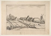 Fields with a Village Road with Post Mill, from the series The Small Landscapes (Multifariarum Casularum), Johannes van Doetecum I  Netherlandish, Etching; first state of four