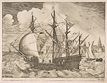 Armed Four-Master Putting Out to Sea from The Sailing Vessels, Frans Huys (Netherlandish, 1522–1562), Engraving