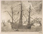Armed Three-Master Anchored Near a City from The Sailing Vessels, Frans Huys Netherlandish, Engraving; first state of two
