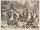 Three Caravels in a Rising Squall with Arion on a Dolphin from "The Sailing Vessels", Pieter Bruegel the Elder Netherlandish, Engraving and etching; first state of six