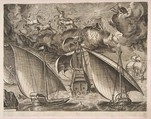 Two Galleys Sailing Behind an Armed Three-Master with Phaeton and Jupiter in the Sky, from the series of Ships, Pieter Bruegel the Elder Netherlandish, Engraving; first state of two