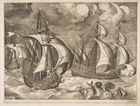 Three Caravels in a Rising Squall with Arion on a Dolphin from The Sailing Vessels, Pieter Bruegel the Elder Netherlandish, Engraving; first state of six