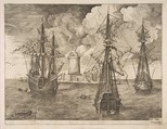 Four-Master (Left) and Two Three-Masters Anchored near a Fortified Island with a Lighthouse from The Sailing Vessels, Pieter Bruegel the Elder  Netherlandish, Engraving; first state of three
