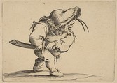 L'Homme S'Apprêtant a Tirer son Sabre (Man Preparing to Draw his Sword), from "Varie Figure Gobbi, suite appelée aussi Les Bossus, Les Pygmées, Les Nains Grotesques" (Various Hunchbacked Figures, The Hunchbacks, The Pygmes, The Grotesque Dwarfs), Jacques Callot French, Etching; first state of two (Lieure)