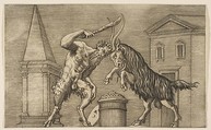 A satyr and a ram attacking each other, the satyr weilding a club with his right hand, a shield resting against a small column at center, buildings in the background, Marco Dente Italian, Engraving