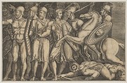 Trajan Fighting the Dacians; Trajan on horseback at right riding towards a group of soldiers at left and trampling two men, Anonymous, Italian, 16th to early 17th century  Italian, Engraving