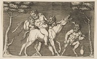 Two satyrs placing Silenus on a braying mule and a third satyr at right, Marco Dente Italian, Engraving