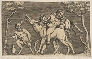 Two satyrs placing Silenus on a braying mule and a third satyr at left, Anonymous, Italian, 16th to early 17th century  Italian, Engraving