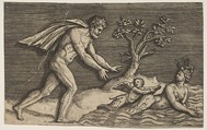 A naked man pursing a naiad and a cupid into the water, Marco Dente  Italian, Engraving