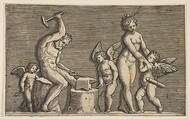 Vulcan seated hammering on an anvil flanked by Venus and three cupids, Marco Dente  Italian, Engraving