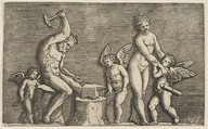Vulcan seated hammering on an anvil flanked by Venus and three cupids, Marco Dente  Italian, Engraving