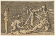 A satyr discovering a sleeping woman; two crabs hanging from a rope which is strung between a term and a tree, Marco Dente Italian, Engraving