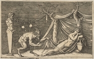 A satyr discovering a sleeping woman; two crabs hanging from a rope which is strung between a term and a tree, Marco Dente (Italian, Ravenna, active by 1515–died 1527 Rome), Engraving