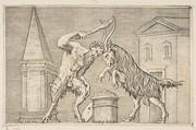 A satyr and a ram attacking each other, the satyr weilding a club with his right hand, a shield resting against a small column at center, buildings in the background, Marco Dente Italian, Engraving