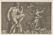 Galatea escaping Polyphemus; he is seated on a rock holding a staff and pipes and looking towards Galatea at right riding a shell pulled by two dolphins, Cupid flying above, Marco Dente Italian, Engraving
