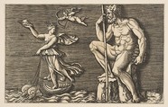 Galatea escaping Polyphemus; he is seated on a rock holding a staff and pipes and looking towards Galatea at right riding a shell pulled by two dolphins, Cupid flying above, Anonymous, Italian, 16th to early 17th century Italian, Engraving