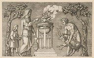 The Sacrifice of a Ram; naked man at right guiding a ram towards an altar pyre, hooded priest at left with a young attendant, Marco Dente Italian, Engraving