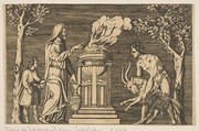 The sacrifice of a ram held by a naked man at right, hooded priest at left with a young attendant, Anonymous, Italian, 16th to early 17th century  Italian, Engraving
