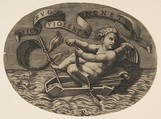 Eros escaping by sea using his bow to propel a boat made from his quiver with an arrow as the mast and his blindfold as the sail, a banderole above, Marco Dente  Italian, Engraving