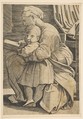 The Virgin reading with the infant Christ; woman seated in profile facing left and reading with an arm around a child who looks out toward the viewer, Anonymous, Italian, 16th to early 17th century  Italian, Engraving
