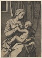 Virgin nursing the infant Christ on her lap, Marco Dente Italian, Engraving