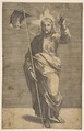 Christ standing facing forward, holding a cross with a banner and raising his left hand, Marco Dente Italian, Engraving