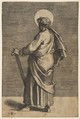 Saint Simon standing facing left, holding a saw and a book, Marco Dente Italian, Engraving