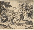 God appearing to Isaac; God floating in clouds pointing toward Rebecca seated under a tree at left, Isaac kneeling in the center holding a large stick and also pointing to Rebecca, Marco Dente Italian, Engraving