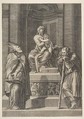 Saint Joseph at left and a bishop at right standing before the altar of the Virgin and Christ Child, Marco Dente Italian, Engraving